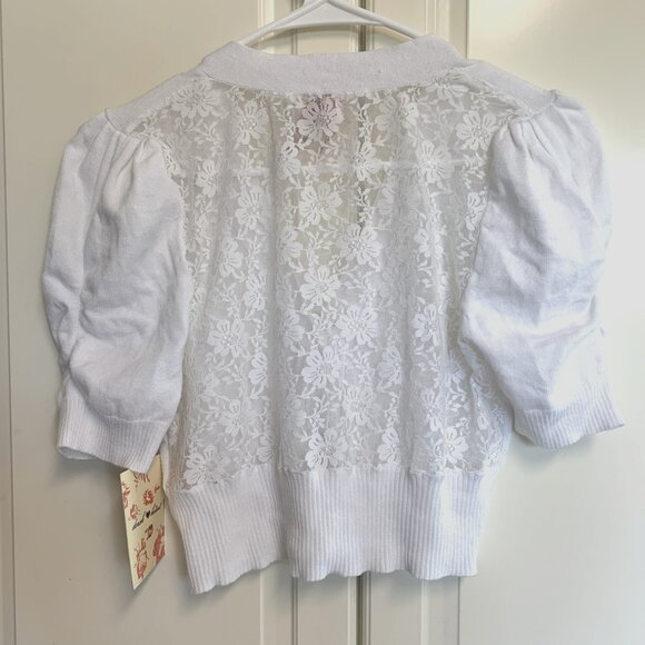 Derek Heart Lace Back Cropped Cardigan Short Sleeve Button Y2K White Sz Large L - Picture 4 of 9